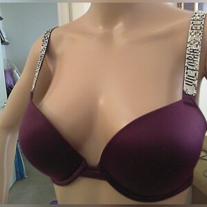VICTORIAS SECRETS Chic BURGUNDY Bra Embellished Straps PUSH UP SZ. 32D READ FLAW